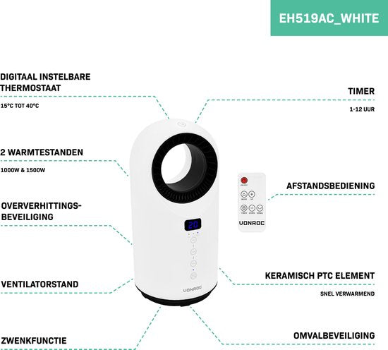 VONROC - Elektrische Heizung - Heizlüfter - 1000W/1500W - ohne Lamellen - Keramik - 3 Stufen - Inkl. Fernbedienung - Swing-Funktion - Thermostat und Timer - 15m2 - weiß