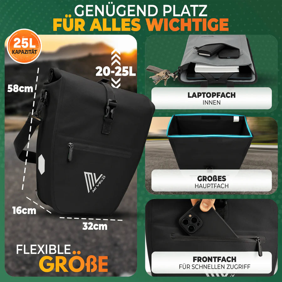 MiVelo - 2in1 Packtasche CAPAX - 25L - Wasserdicht & mit Reflektoren - Schwarz