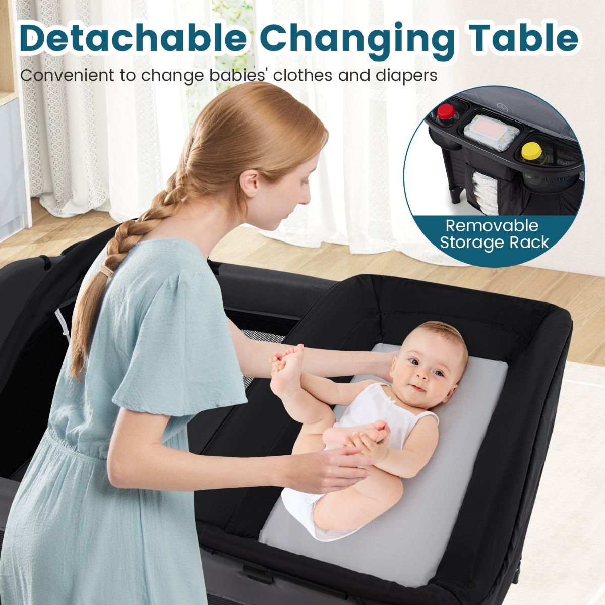 Coast 5-in-1-Babyreisebett mit 4 verstellbaren Höhen, Wickeltisch, Spielzeugstange und Tragetasche – 100 x 70 x 72 cm – Schwarz