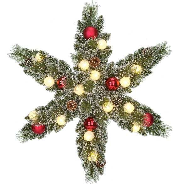 Black Box Trees Kaprun Weihnachtskranz Stern mit warmweißen LED-Lichtern - Ø60 cm - Grün gefrostet, Rot