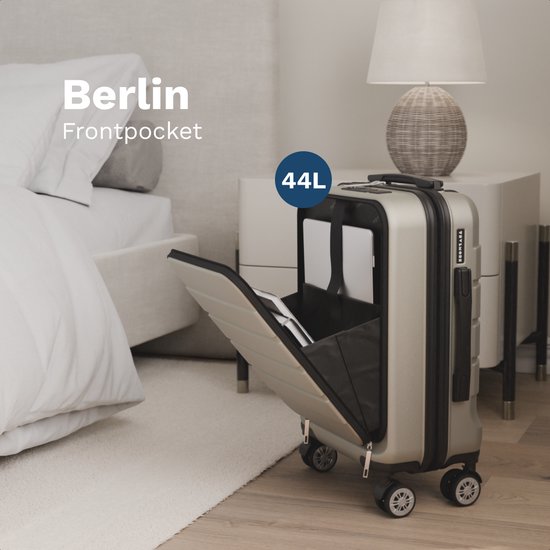 TRVLMORE Reisekoffer – 54 x 37 x 23 cm – mit Frontfach – 44 l – TSA-Schloss – 4 Rollen – Champagner