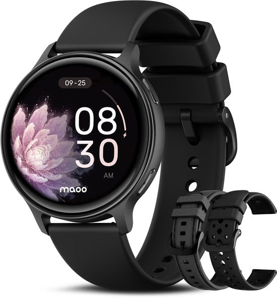 Maoo Ventura 2 – GPS-Smartwatch für Damen – AMOLED – Silikon-, Leder- und Sportarmband – Schrittzähler – Herzfrequenzmesser – Schlafmonitor – Anruffunktion – AOD – Multisport – Kompatibel mit Android und iOS – Schwarz