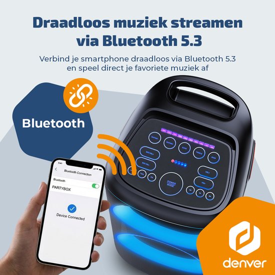 Denver Bluetooth-Lautsprecher Party Box – Disco-Lichter – Partybox – inkl. Mikrofon – Lautsprecher – BPS470