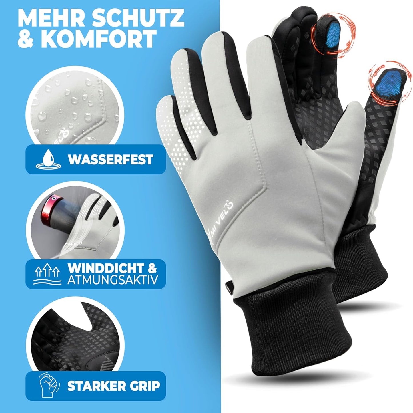 MIVELO Cycling Handschuhe VELORIDER - Wind- und wasserdicht - Funktioniert mit Touchscreens - Reflektierend - Größe M