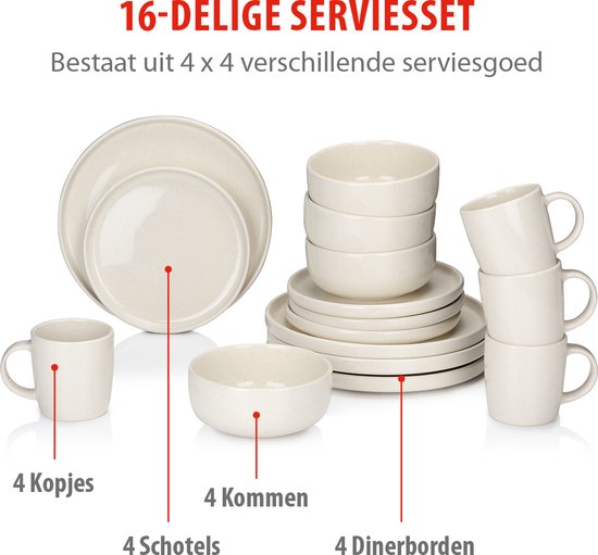 alpina Geschirrset 16-teilig - Tellerset 4 Personen - Steingutgeschirr - Frühstücksteller, Essteller, Schüsseln und Becher - Mikrowellen- und spülmaschinenfest - Creme