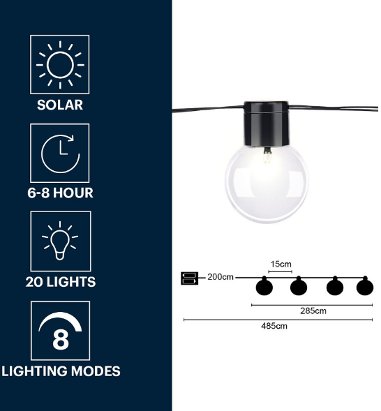 Grundig Solar-Lichterkette 4,85 m - Cool White - 10 LED-Lampen - Wetterfest