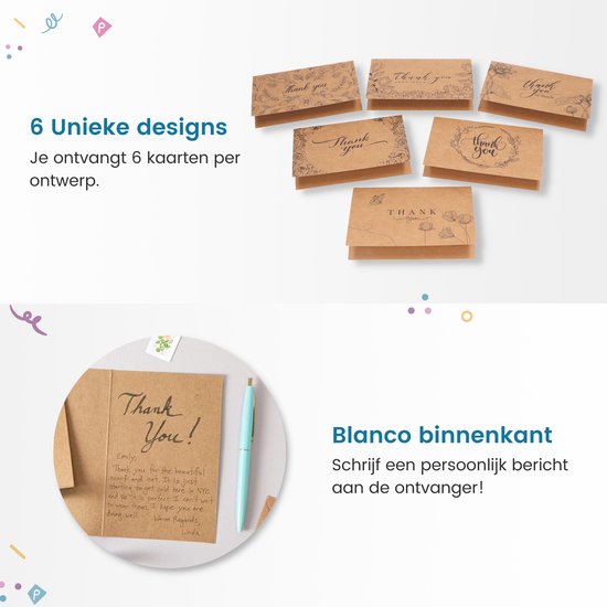 Partizzle 36x Kraft Dankeskarten Set - Dankeskarten - Grußkarten - Postkarten - Karten mit Umschlägen - 15x10 cm