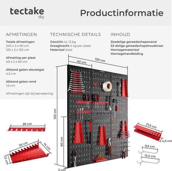 tectake 6-teilige Metall-Werkzeugwand - 240 x 60 cm - Lochblech - Werkzeughalter-Set inklusive Haken - Wandregal-System für Werkbank, Garage, Werkzeug - Werkstattausrüstung - Werkzeugtafel - Stecktafel