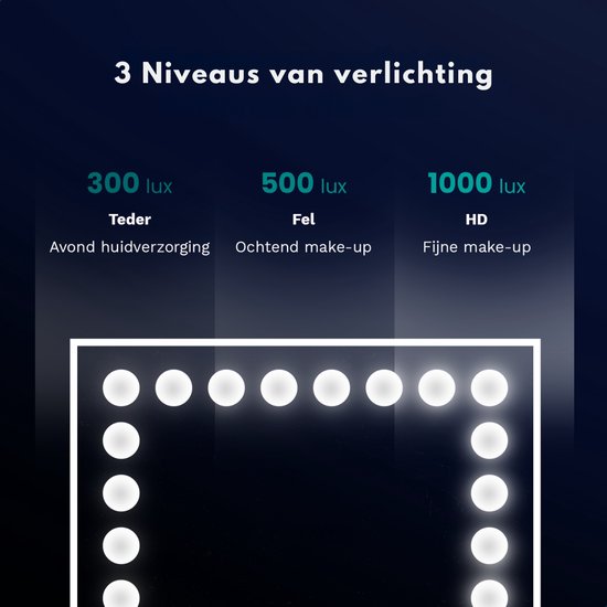 Mirlux Hollywood Mirror 80x60CM - 2 Bluetooth-Lautsprecher - USB & USB-C Ladeanschlüsse - LED-Beleuchtung - Schminkspiegel - 10x Zoom - Aufhängbar - Schwarz