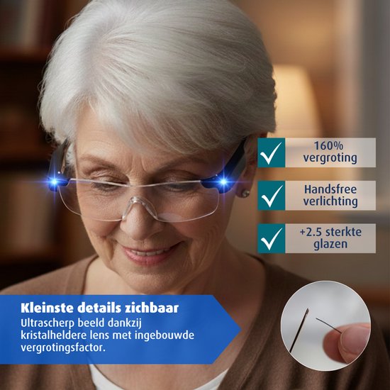 Lupenbrille – Lupenbrille mit LED-Beleuchtung – Hobby-Lupenbrille – 160 % Vergrößerung – kratzfeste Gläser – inkl. Aufbewahrungsetui und Brillenputztuch
