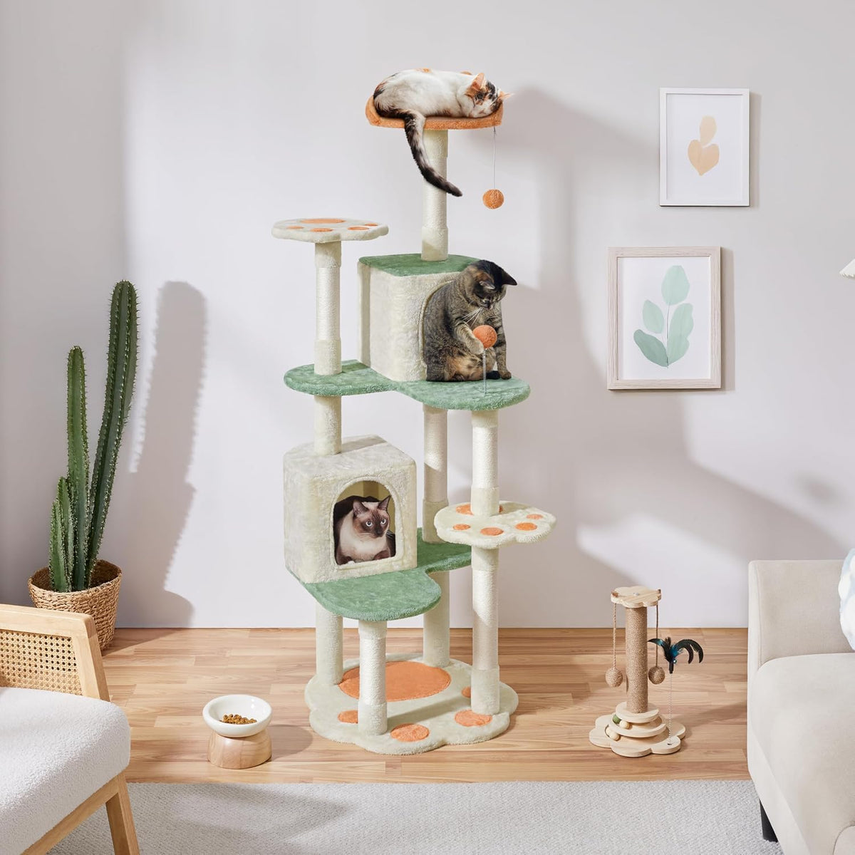 Yaheetech Kratzbaum mit Pfoten-Design und Katzenhäuschen – 59,5 x 55,5 x 164 cm – Beige/Grün