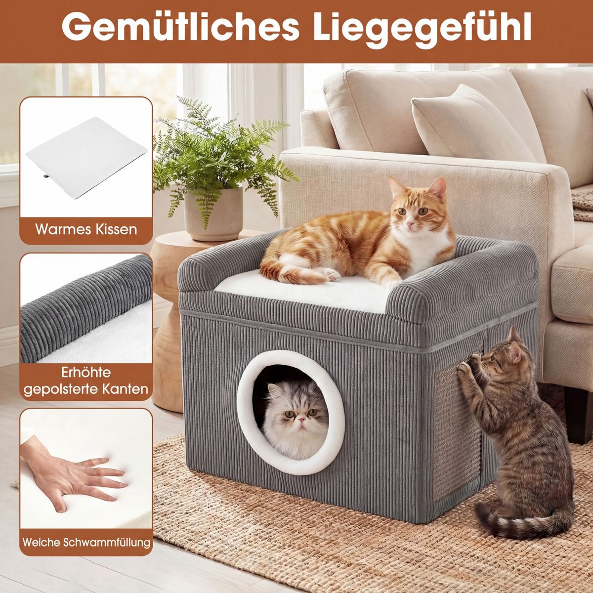 Coast Faltbares Katzenhaus – mit Sisal-Kratzmatte – weiches Kissen und erhöhte Ränder – grau