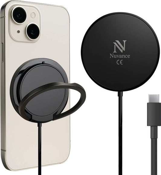 Nuvance Wireless Charger - 15W Schnellladegerät - geeignet für Magsafe - Wireless Charger - inkl. Usb-C Kabel - Schwarz