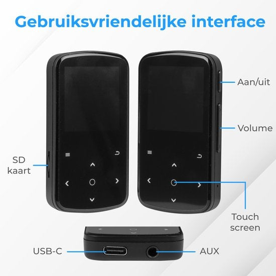 Nuvance - MP3-Player mit Touchscreen und Bluetooth - inkl. Ohrhörer und 32GB SD-Karte - mit Clip - digitaler Sprachrekorder - mit FM-Radio - Schwarz