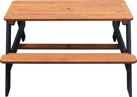 AXI Nick Picknicktisch Anthrazit/Braun – Sonnenschirm Blau/Weiß – Picknicktisch für Kinder aus FSC-Holz