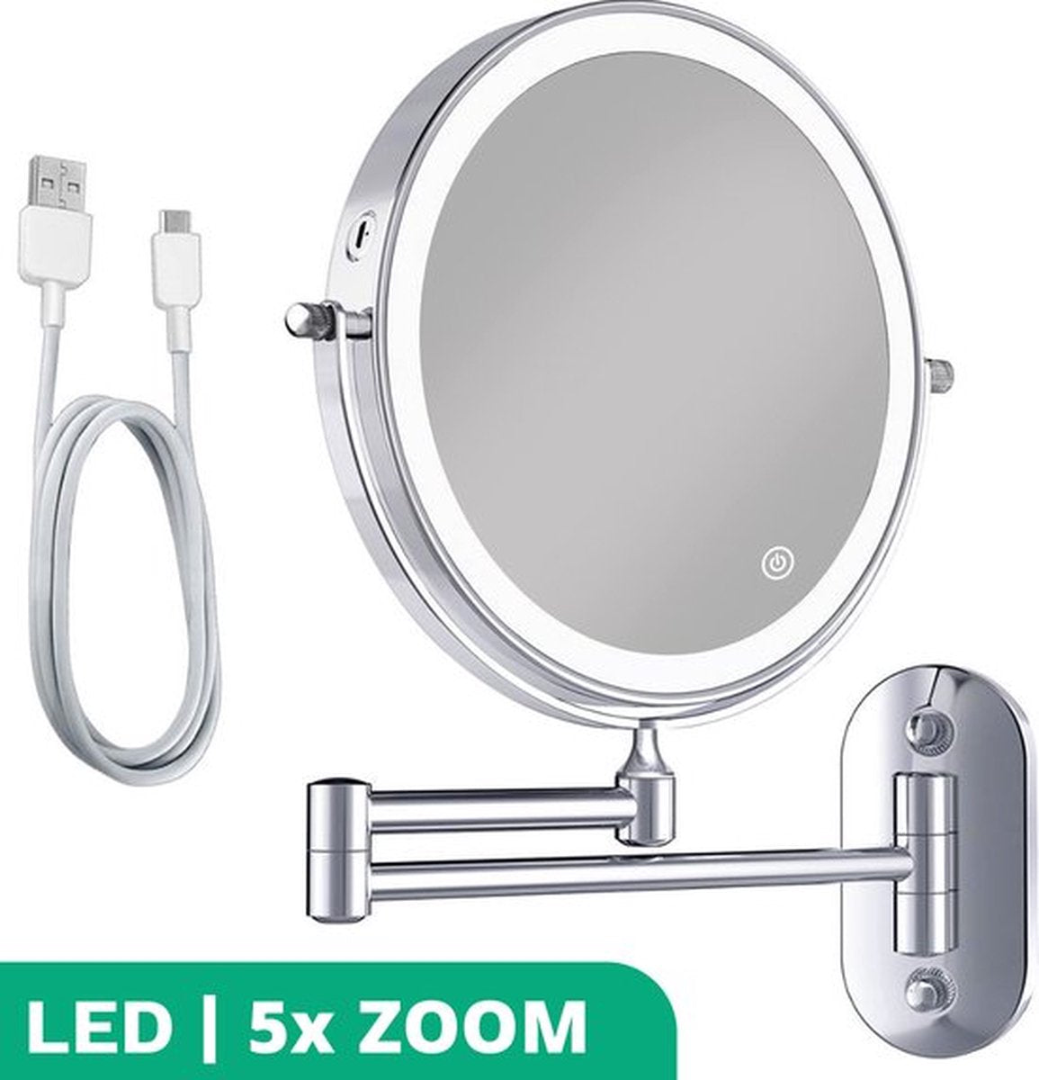 Mirlux Make-up Wandspiegel mit LED-Beleuchtung - 5x Vergrößerung - 20 cm Ø - Edelstahl Silber