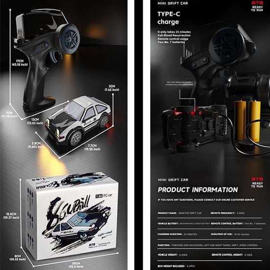 Fuegobird RC-Auto – RC-Fahrzeug – Drift-Auto für den Schreibtisch – Mini – Hochgeschwindigkeit – weiß