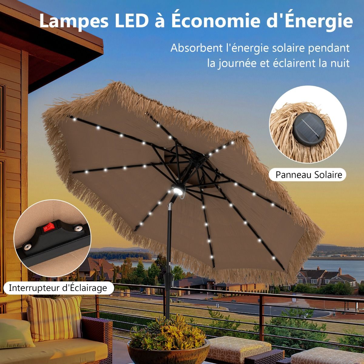 Coast Wicker Sonnenschirm - 32 LED Lichter - neigbar - Hawaii Style - 270 x 270 x 256 cm