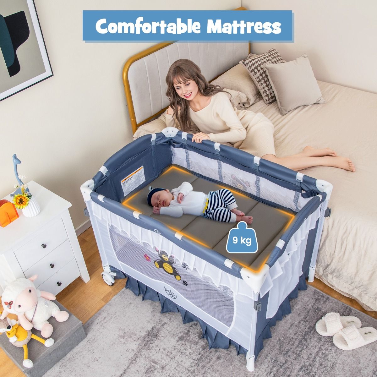 Coast Klappbares Babybett – 4-in-1-Babybett mit Wickeltisch und Spieluhr – grau