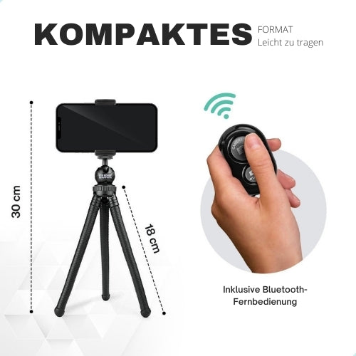 LURK® - 3 in 1 Flexibles Octopus-Stativ Stativ - für Smartphone & (Action-)Kamera - Inkl. Telefonklemme und Bluetooth-Fernbedienung - 25 cm