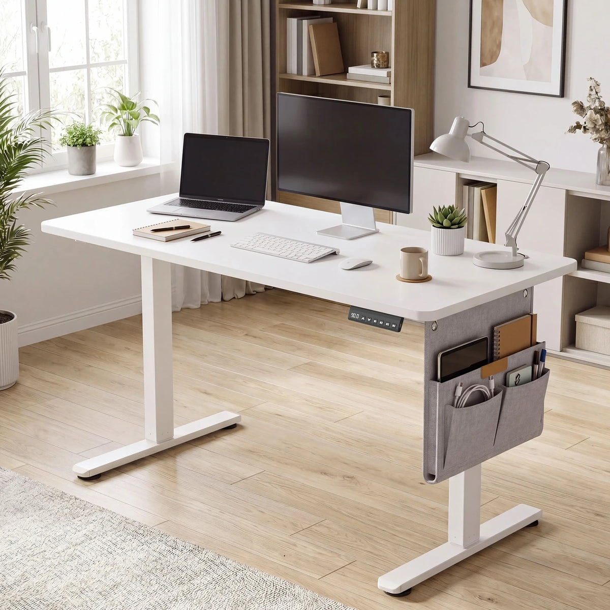 JOYFURNOS Elektrischer Sitz-Steh-Schreibtisch, weiß, 140,1 x 60,1 cm, höhenverstellbar