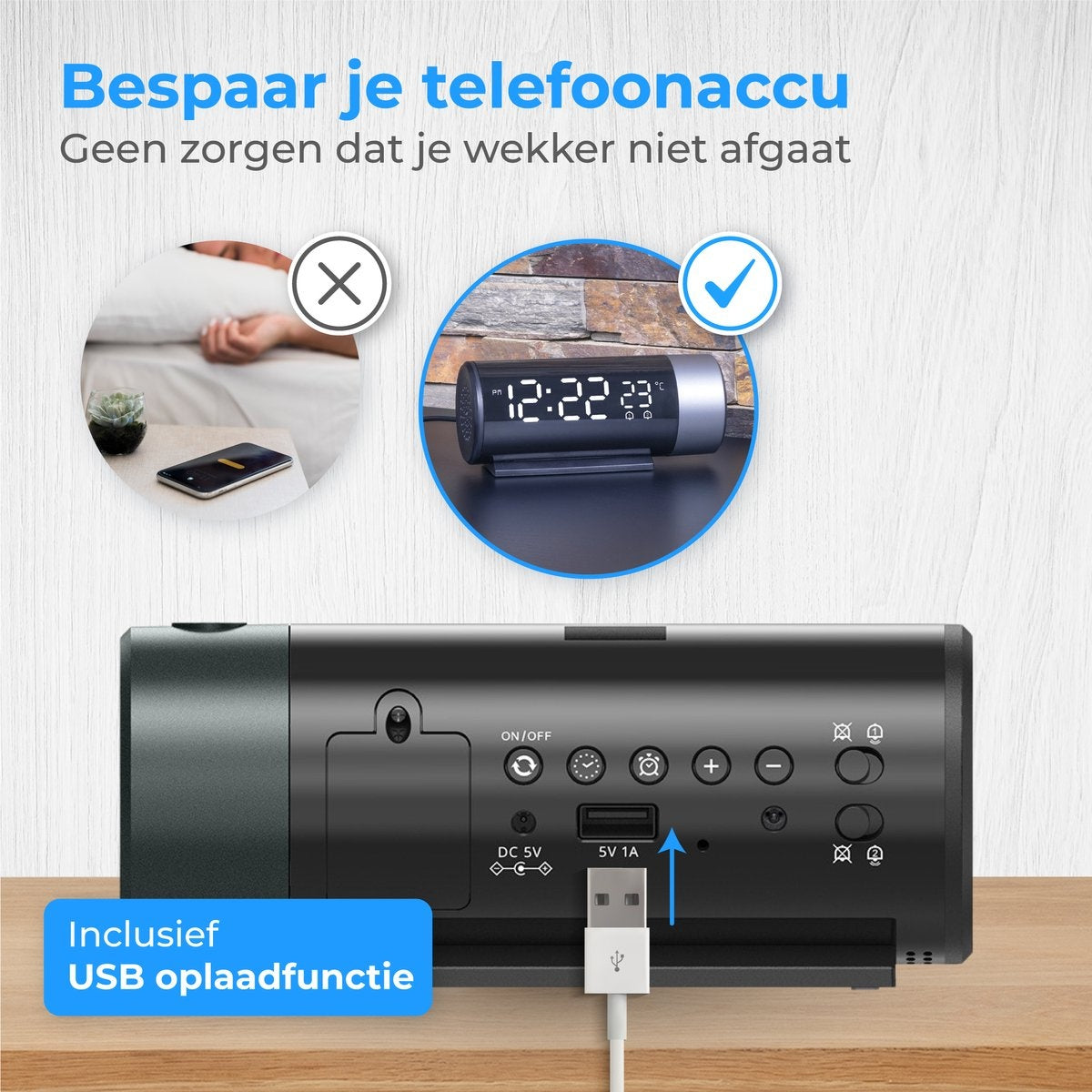 Nuvance - Digitaler Wecker mit Projektion - Digitaler Wecker - mit Snooze-Funktion und Doppelalarm - für das Schlafzimmer - mit USB-Ladeanschluss