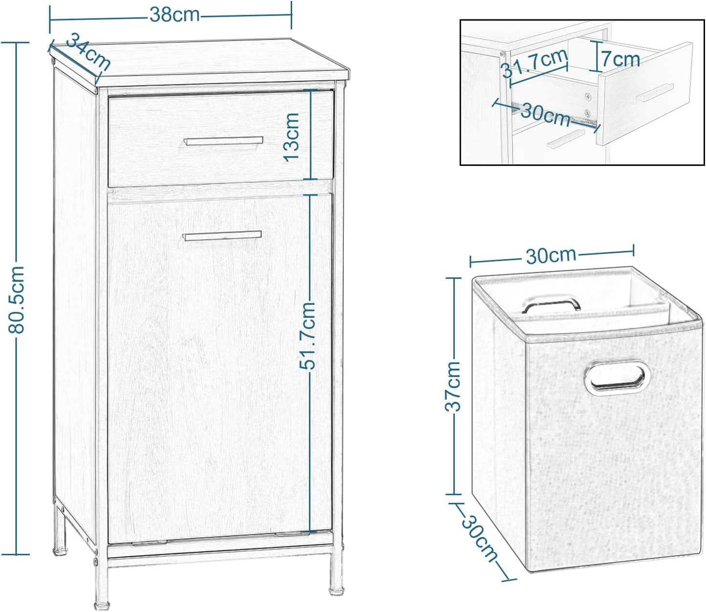 Eugad Badezimmerschrank mit Schublade und Wäschebeutel – Helles Eiche – 38 x 34 x 80 cm