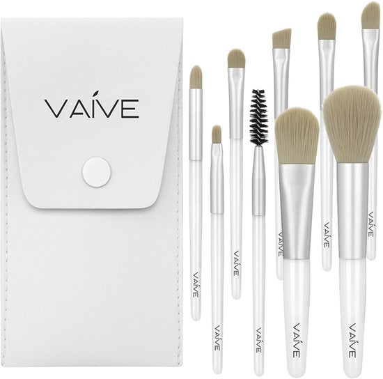 Vaive Make-up-Pinsel-Set, 9-teilig – vegane Pinsel – Pinsel für Foundation, Lidschatten, Rouge, Kabuki und Bronzer – mit Etui – Weiß