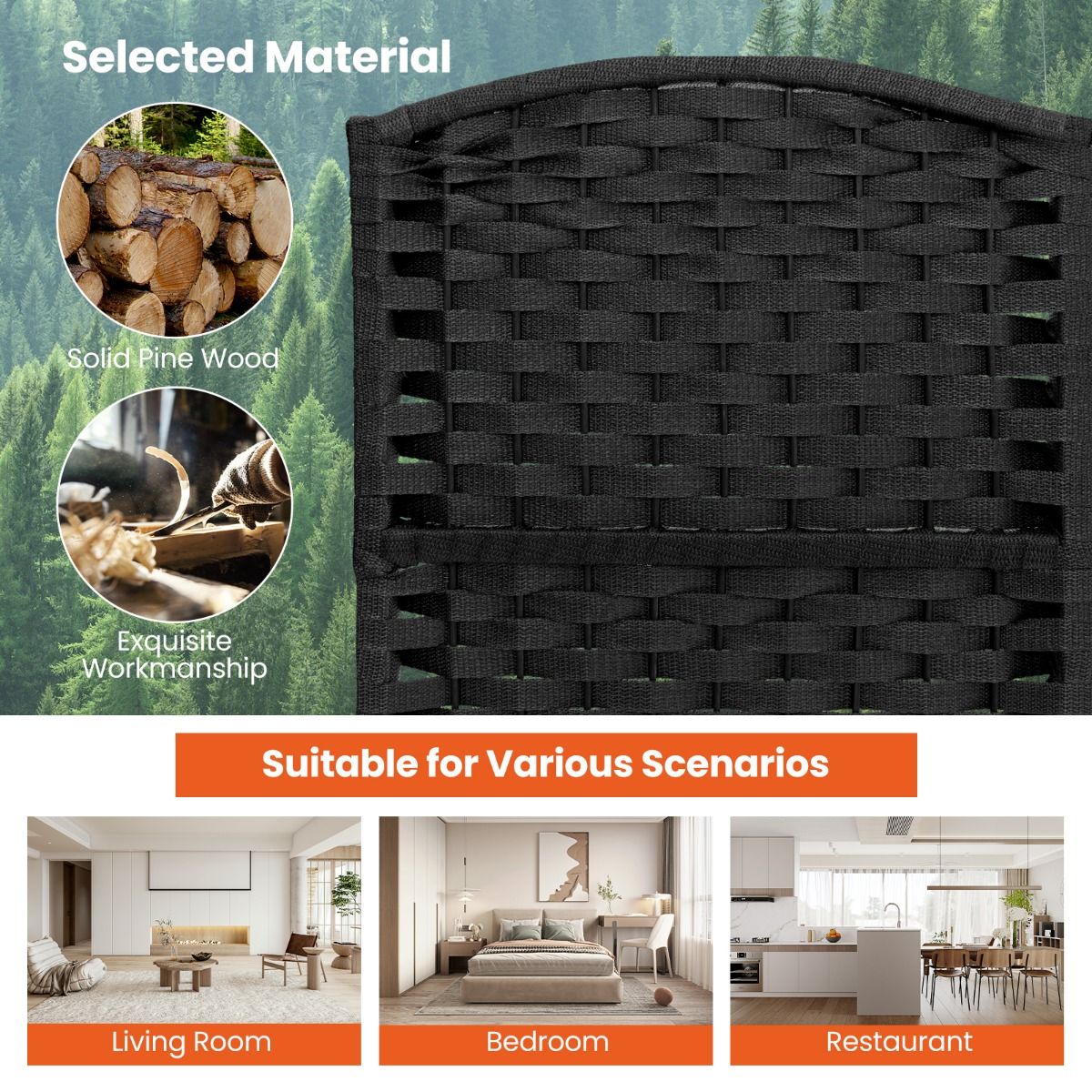 Coast Chamber Screen - 6-teilig - Massivholzrahmen - 40 x 13 x 170 cm - Schwarz