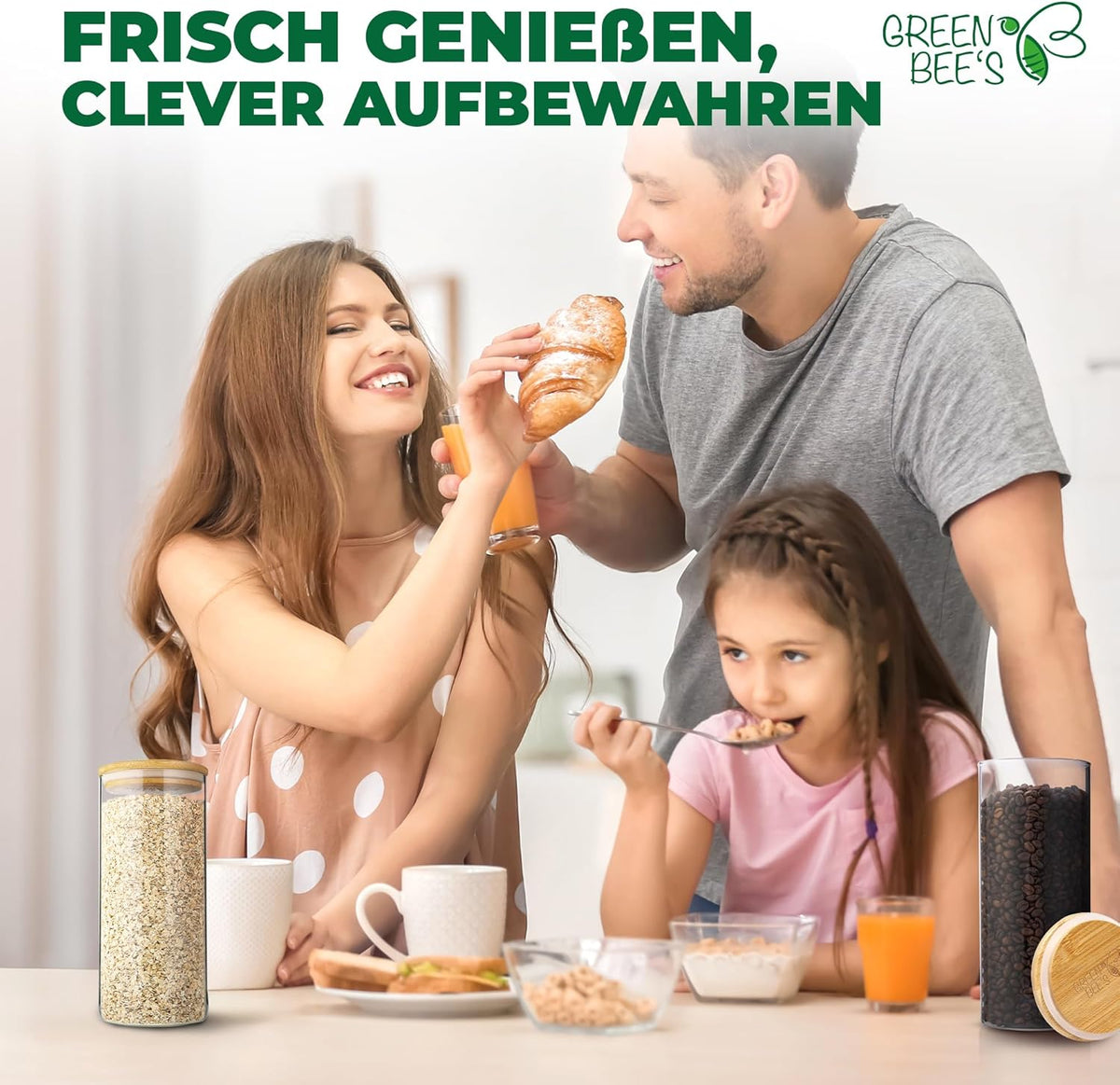 GREEN BEE`S Vorratsglas groß - 2x1500ml Neues Modell - Passgenau für Schublade & Apothekerschrank - Nachhaltige Vorratsgläser mit Deckel luftdicht - Für Mehl, Zucker, Nudeln, Kaffee & Haferflocken