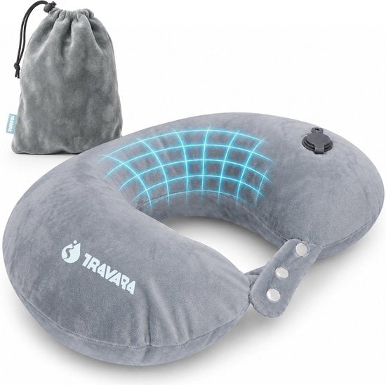 TRAVARA Nackenkissen „The Puffer“ – Aufblasbares Reisekissen – Für das Flugzeug – Autokissen – Travel Pillow – Grau