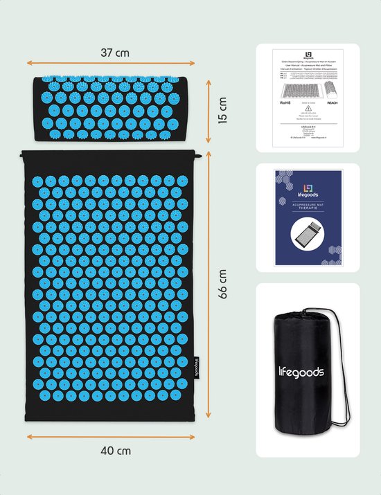 LifeGoods Akupressurmatte mit Kissen - Shakti Matte - Nagelmatte inkl. 2x Triggerpunkt Ball - 66x40x2cm - Schwarz/Türkis