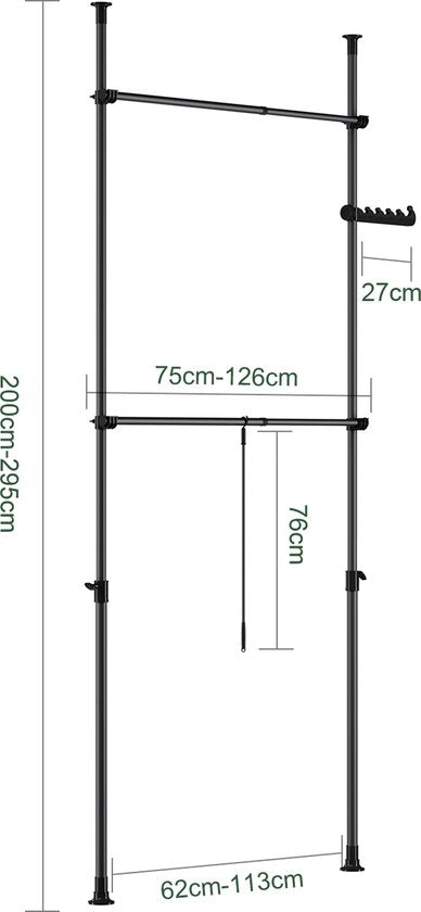 SoBuy Teleskop-Kleiderständer – Verstellbares Aufbewahrungssystem – Kleiderstangensystem – B(75–126) × H(200–295) cm, Schwarz, FRG109-II-SCH