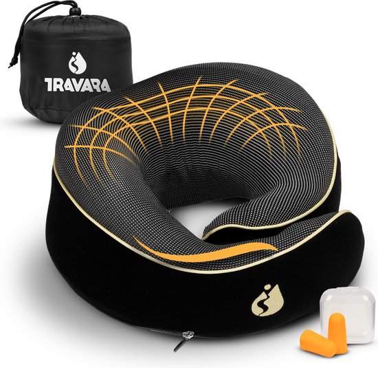 TRAVARA Nackenkissen - Reisekissen - Für Flugzeug - Auto - Memory Foam - Mit Ohrstöpseln - Schwarz