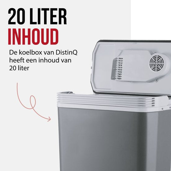 DistinQ Elektrische Kühlbox für Auto und Camping - Kühlbox elektrisch mit Heizfunktion - 12v 230 Volt - 20L - Grau