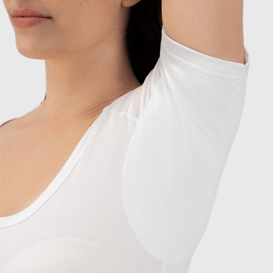 Anti Sweat Shirt - Fibershirts® - Eingenähte Achselpads - Unterhemd - Weiß - Rundhalsausschnitt - Damen - Größe XS