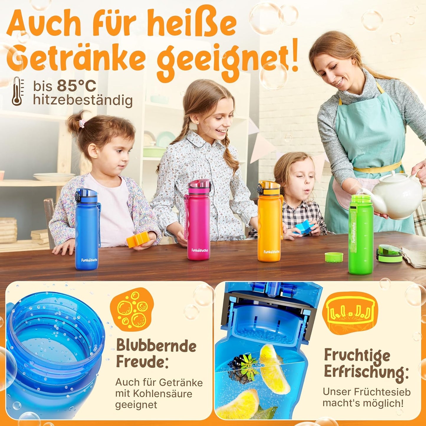 Funkelfuchs® - Trinkflasche für Kinder - 500ml, blau - mit Kohlensäure - 100% auslaufsicher - Wasserflasche spülmaschinenfest - für Kindergarten, Schule, Sport