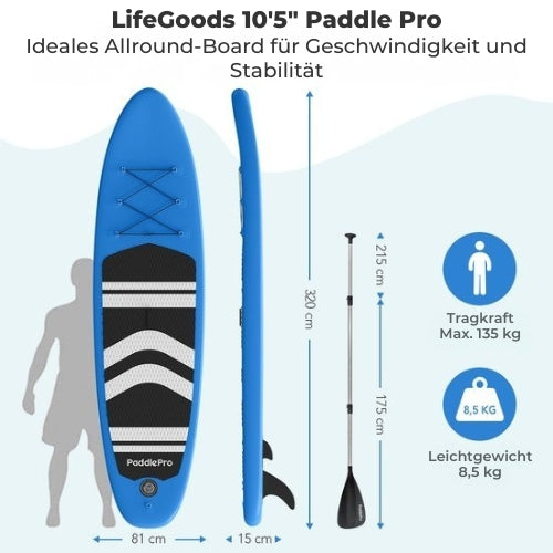 LifeGoods - SUP Board - Aufblasbares Paddle Board - Komplettset - Max. 135KG - 320x81cm - Blau