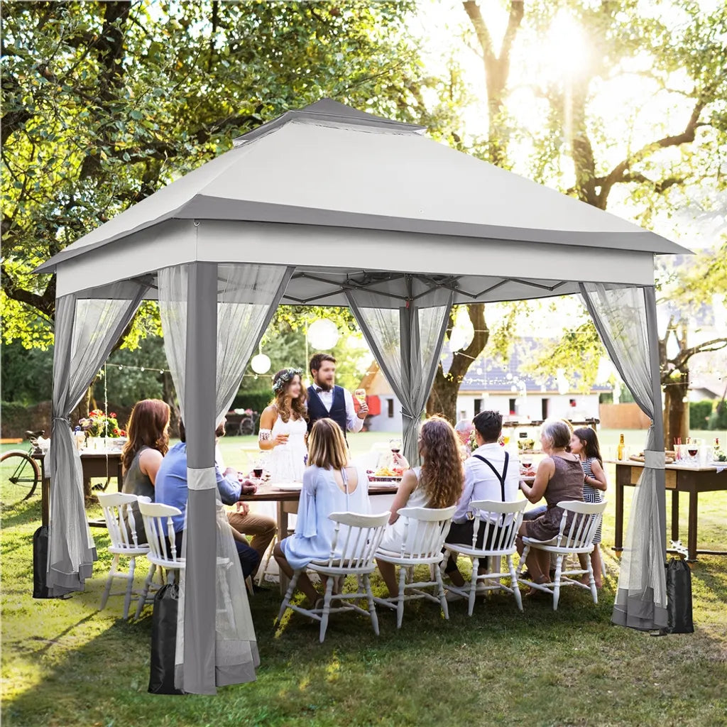 Yaheetech Pop-up-Partyzelt 330 x 330 cm – Hellgrau/Dunkelgrau – Zusammenklappbarer Gartenpavillon mit doppeltem Dach und 4 Seitenwänden aus Netzgewebe
