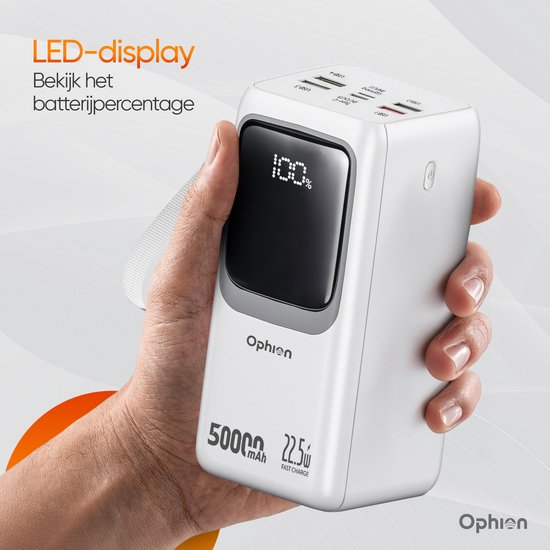 Ophion® Powerbank PRO 50.000 mAh – 7 Ladeanschlüsse – Quick Charge – Schnellladegerät mit 22,5 W für USB-C, USB-A, Micro-USB – inklusive Kabel – Notfall-Set – Weiß