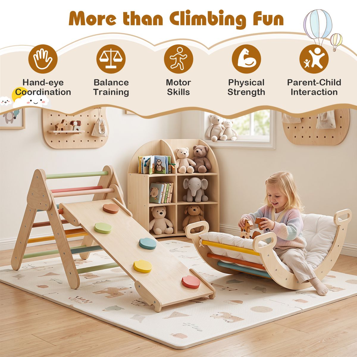 Coast Montessori Klettergerüst aus Holz – 3-in-1-Spielset mit Kletterdreieck, Kletterbogen und Rutsche – farbenfroh
