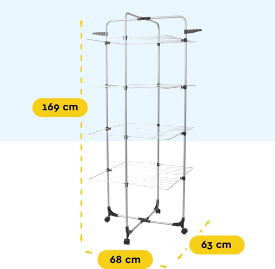 BRASQ Wäscheturm 4 Lagen - Trocknungslänge 40 Meter - Wäscheständer mit Rädern und Halterungen - Wäscheständer - Wäscheturm 68x68x169 cm - Weiß