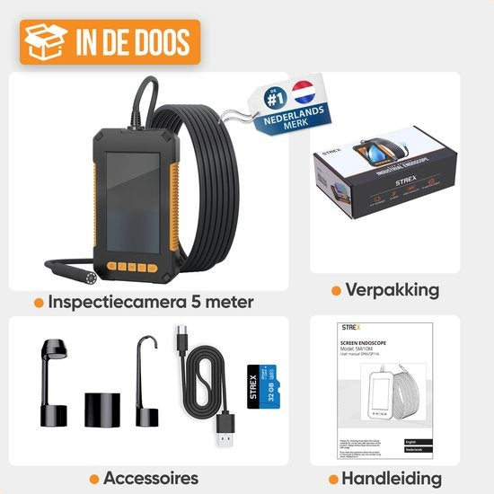 Strex - Inspektionskamera/ Endoskop - 5m Kabel - 4,3-Zoll-LCD-Bildschirm - IP67 Wasserdicht - Inkl. 32gb microSD - Schwarz/Orange