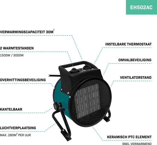 VONROC Elektroheizung - Heizstrahler - 3000W - 3 Einstellungen - Keramikelement - für Räume bis zu 30 m2