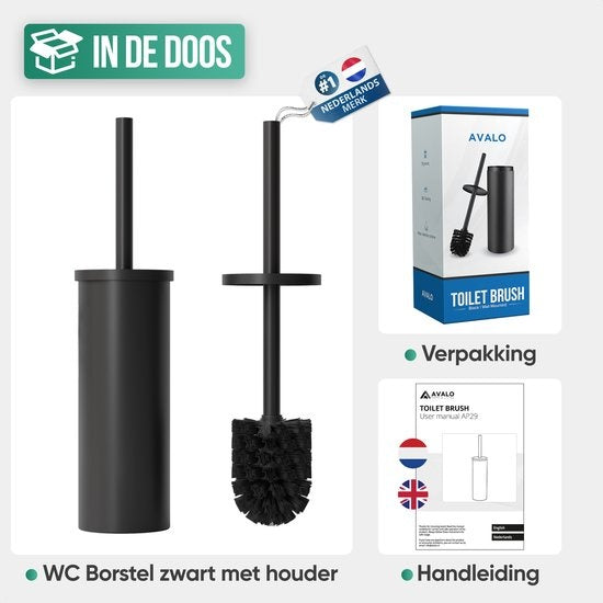 Avalo Toilettenbürste mit Halter - Freistehend - Edelstahl Schwarz - Toilettenbürste mit Halter