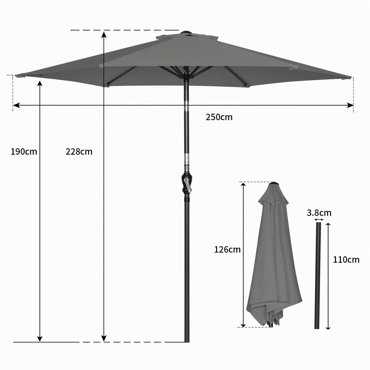 Angel Living Sonnenschirm 250 cm – runder Gartenschirm mit Kurbel und Neigungsfunktion – grau – Polyester UV 50+