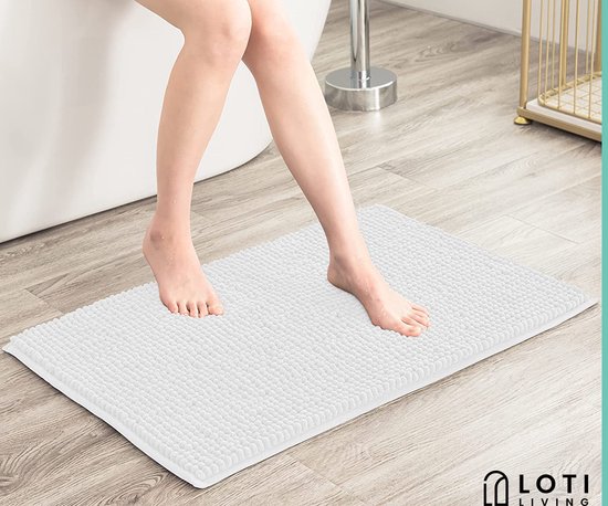 Loti Living Anti-Rutsch-Badematte - Duschmatte - Badematte - Bodenmatte - Chenille-Badematte - Weiß - 50x80 cm