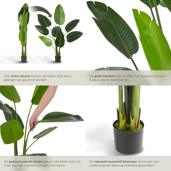 tectake® Künstlicher Paradiesvogelbaum Tropic - Strelitzia - Naturgetreue Kunstpflanze mit detaillierten Blättern und stabilem Blumentopf - Pflegeleicht und vielseitig einsetzbar - Höhe: 120 cm
