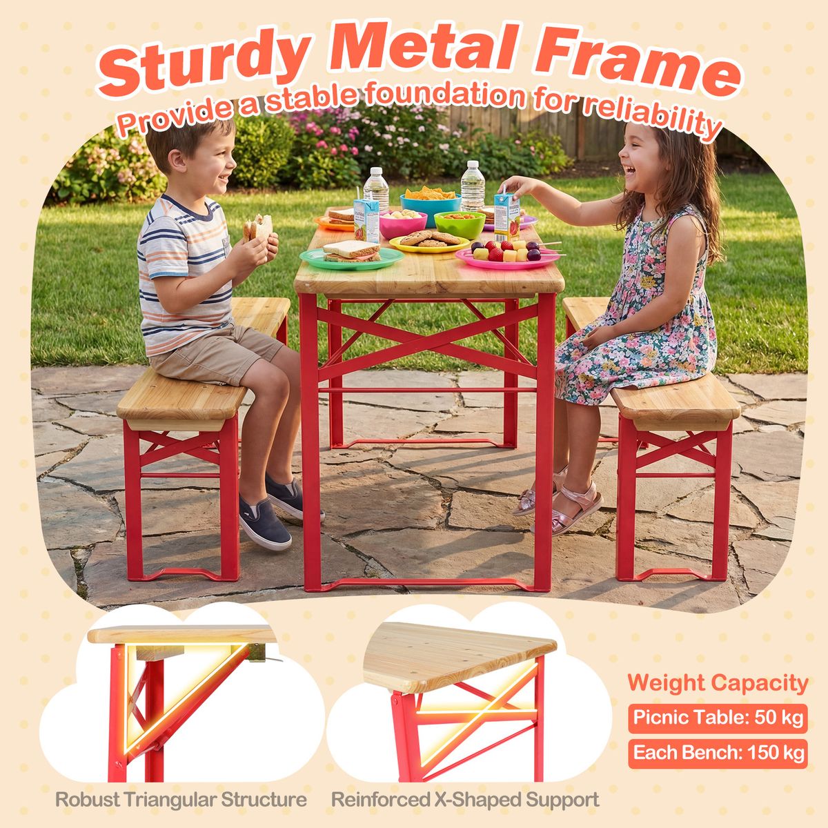 Coast Kinder-Picknick-Set – klappbarer Picknicktisch mit 2 Bänken – Fichtenholz und Metall – rot