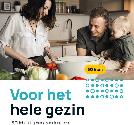 MOA Gusseisen-Kasserolle - 5,7L - Für alle Wärmequellen inkl. Induktion - Mit Deckel - Ø 26cm - Antihaftbeschichtung - Weiß